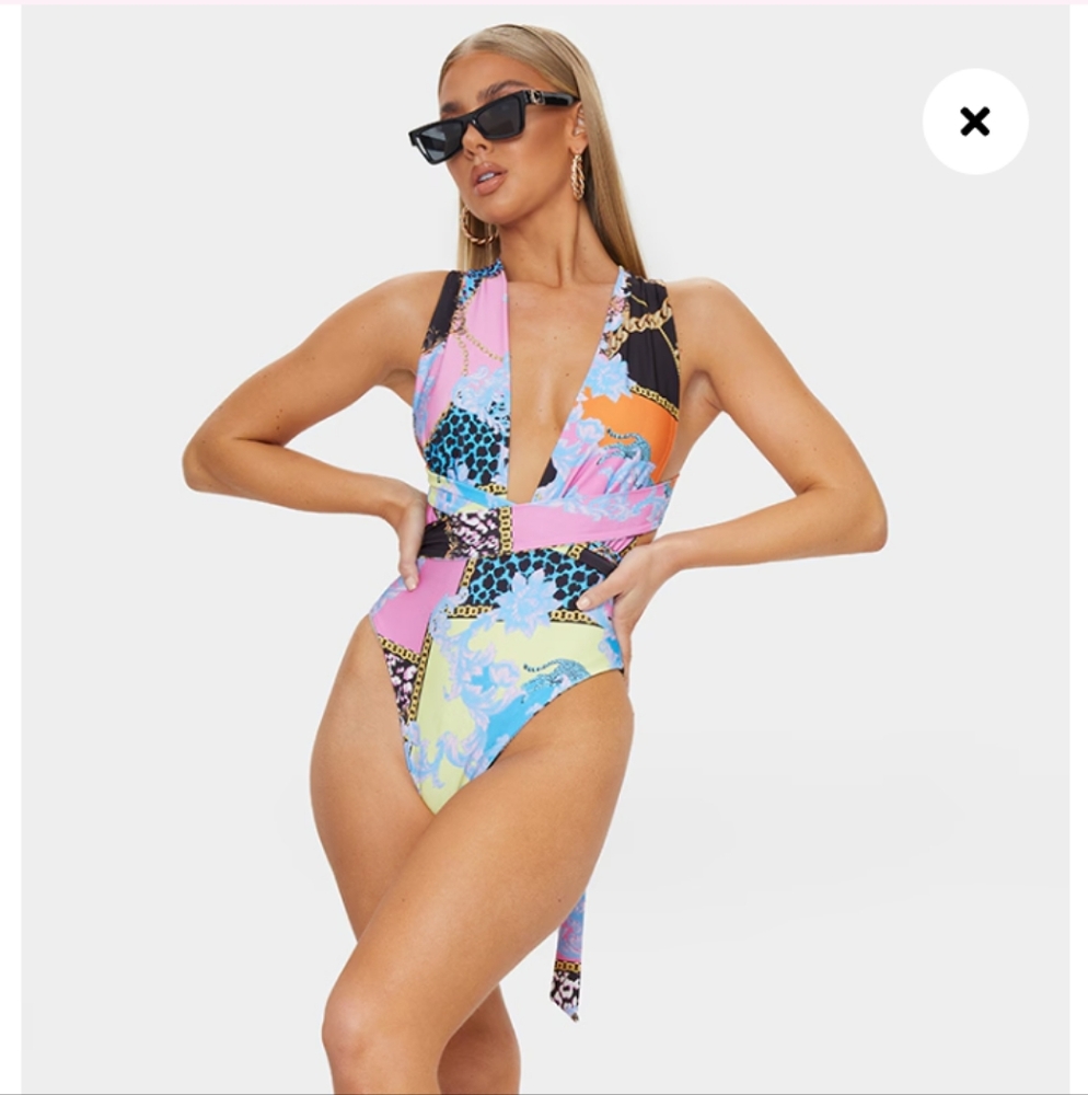 PrettyLittleThing Multi Baroque Multiway Swimsuit Sz 4